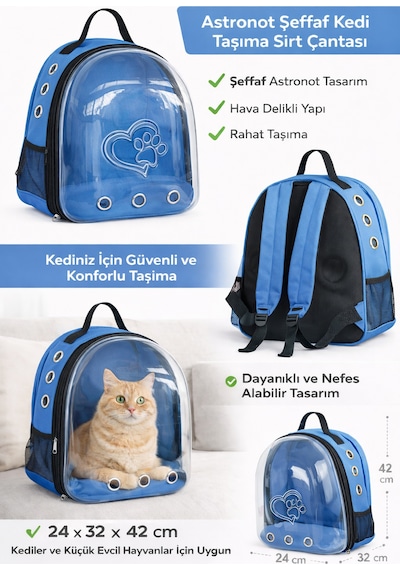 Kp Kalpli Patili Astronot Şeffaf Taşıma Sırt Çantası Mavi 24x32x42 Cm
