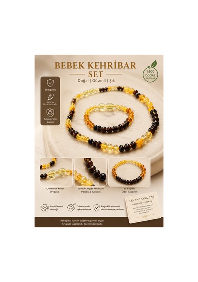 Bebek Kehribar Kolye Bileklik Seti Doğal Taşlı El Yapımı Özel Tasarım Ekru Ekru