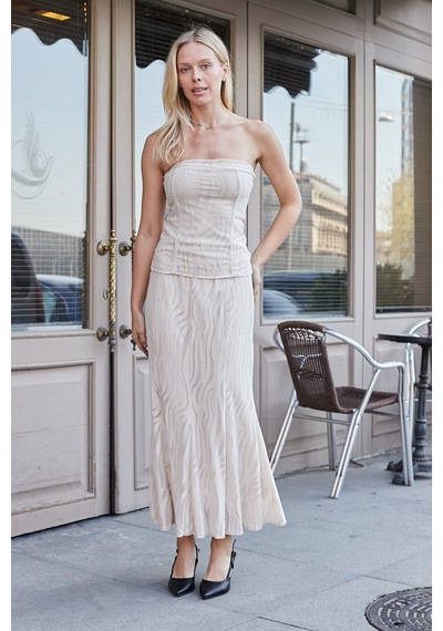 Jument Kadın Desenli Tül Strapless Likralı Body Bluz-bej