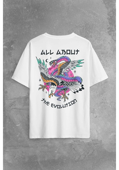 All About The Evolution Eagle And Snake Kartal Ve Yılan Baskılı Oversize Beyaz T-shirt 001