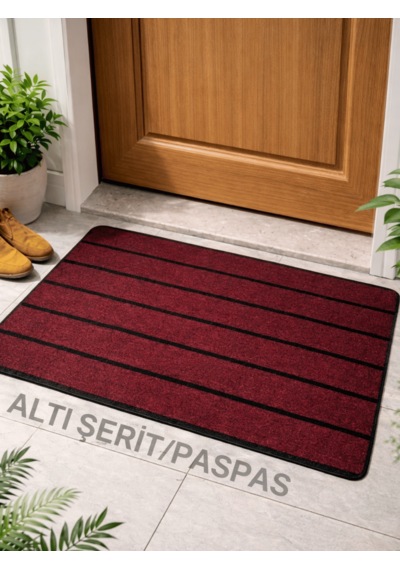 Beylini Şerit Desenli Kapı Önü Paspası Kaymaz Taban Dayanıklı Su Geçirmez Emici Nem Toz Uv Dayanıklı 45x70cm Bordo