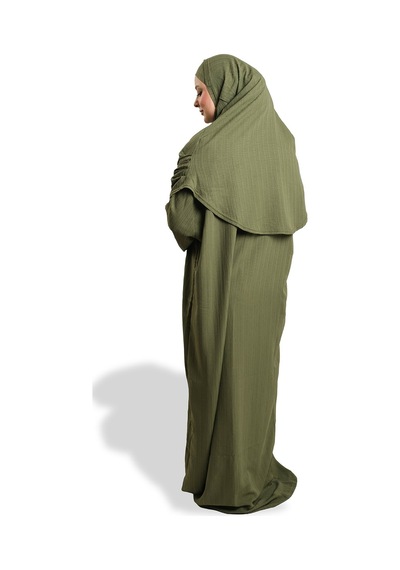 Hürrem Bone 2 Parça Namaz Elbisesi Dokuma Kendinden Desenli 2502 09 Haki