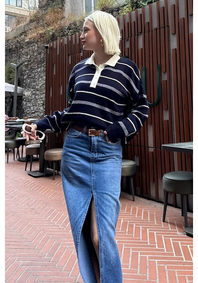 Madmext Lacivert Çizgili Polo Yaka Kadın Kazak Mg2476 Lacivert