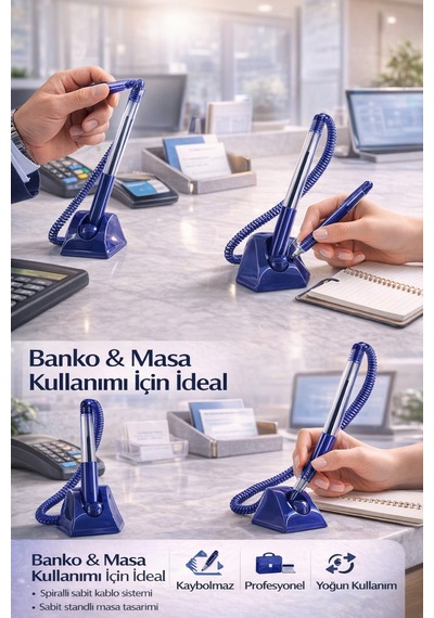 Spiralli Banko & Masa Kalemi 1.0 Mm Mavi Mürekkepli Sabit Standlı Ofis Kalemi 3 Adet Mavi 3