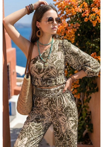 Fashion Cocktail Hint Şal Desenli Asimetrik Tek Omuz Tek Kol Pantolon Crop Yazlık Tatil Bohem Boho Takım Haki Fashion Cocktail Hint Şal Desenli Asimetrik Tek Omuz Tek Kol Pantolon Crop Yazlık Tatil Bohem Boho Takım Haki