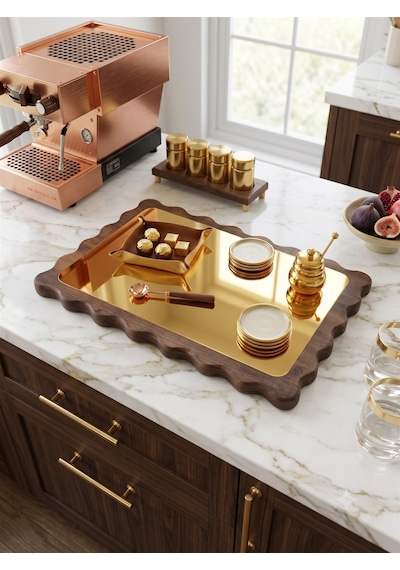 Famwoodart Dikdörtgen Papatya Gold Doğal Ahşap Peynir Ve Sunum Tabağı, Kahvelik, Yağdanlık, Pasta Ve Kek Standı %100 Çam Ceviz - Gold