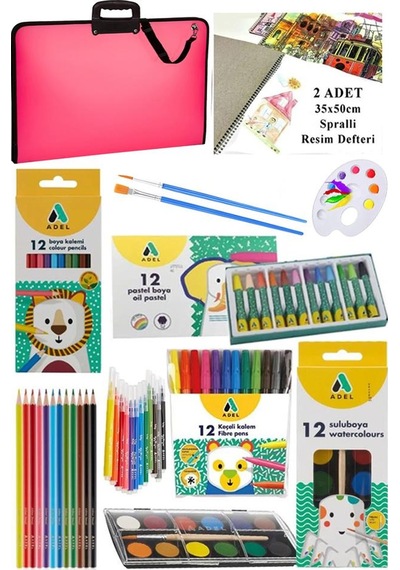 Öğrenci Boyama Seti 10 Parça 1 Paket 35x50 Resim Çantası Resim Defter Adel Sulu Boya Kuru Boya Pastel Boya Keçeli Kalem