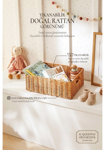 Ocean Home Textile Çocuk Odası Yıkanabilir Bej Pp Rattan Sepet 39 X 29 X 13 Cm