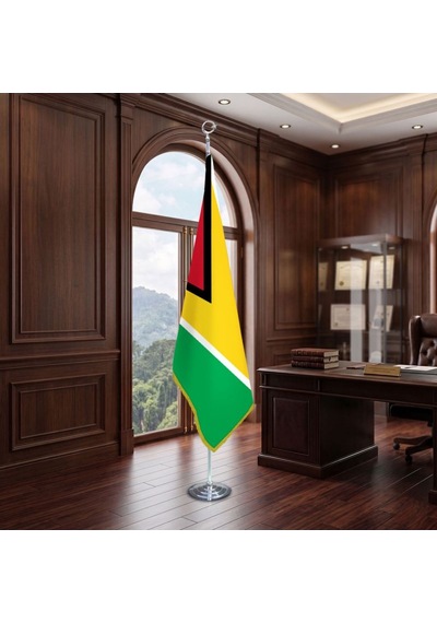 Guyana Direkli - Altın Saçaklı Saten Makam Bayrağı Seti Krom Direk Diğer