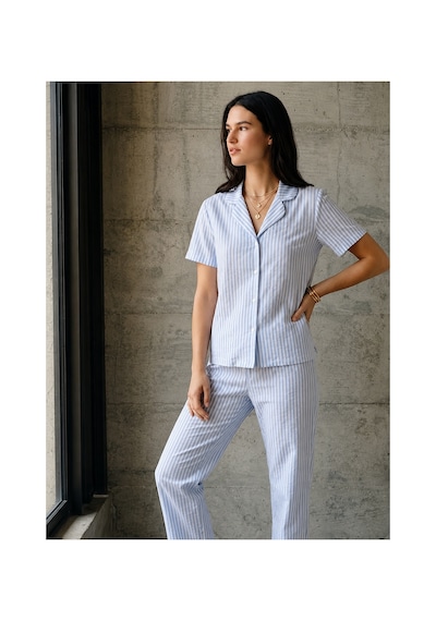 Fit Women V Yaka Düğmeli Casual Mavi Pijama Takımı