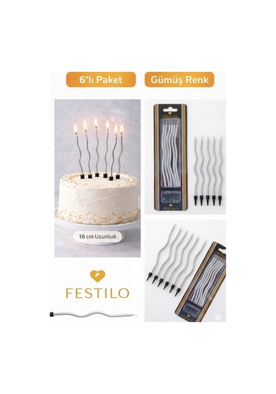 6 Lı Kıvrımlı Mum Gümüş Pasta Süsü Spiral Mum Pasta Mumları 16 Cm