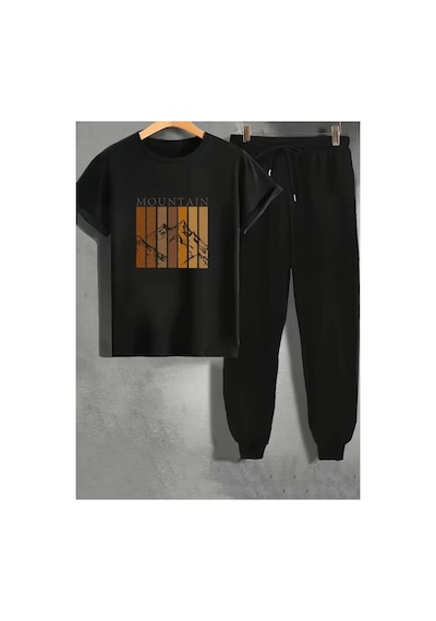 Medinenur Mountain Baskılı T-shirt Eşofman Altı Jogger Rahat Kalıp Eşofman Takım Siyah