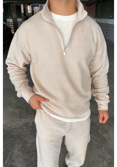 Mass Plus Unisex Slimfit Yarım Fermuarlı Dik Yaka Polar Sweatshirt beyaz