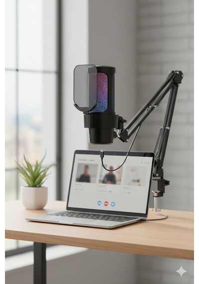 Usb Rgb Kondansatör Mikrofon + Boom Kol Stand Seti Mute Tuşlu Gürültü Azaltma Siyah