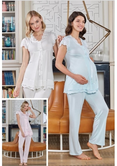 Bone Club 4703 Mavi Hamile Lohusa 3 Lü Pijama Sabahlık Takımı