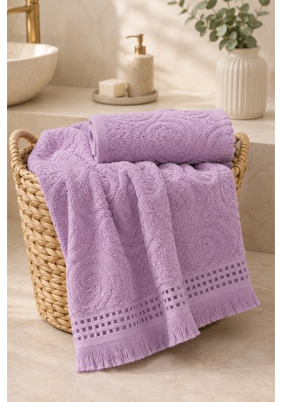 Paisley Desenli Saçaklı 2 Li Baş Ve Banyo Havlusu Seti 50x90 + 90x150 Cm - Lila