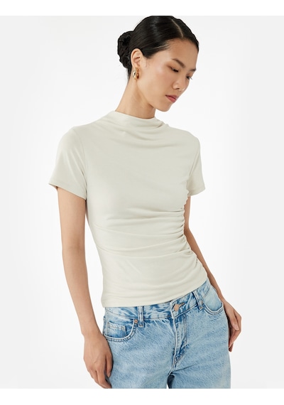 Koton Slim Fit Büzgülü Kısa Kollu Dik Yaka Bluz Ekru 6wak70002ek Ekru