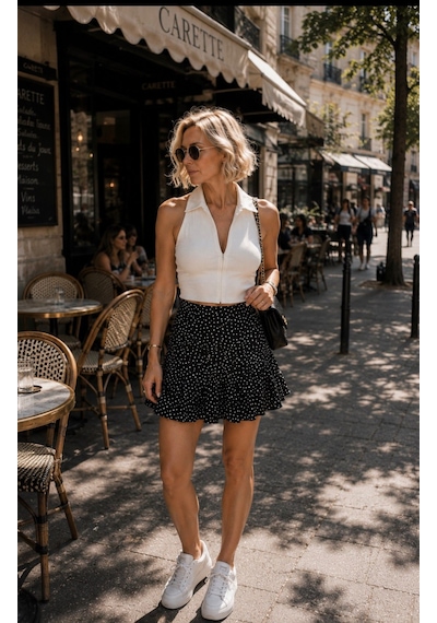 Puantiye Mini Etek / Şort Astarlı Siyah Beyaz Drape Bel Detay Puantiye Mini Etek / Şort Astarlı Siyah Beyaz Drape Bel Detay
