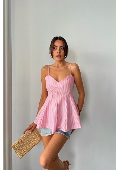 Soonaksesuar Çizgili Gofre Askılı Pens Detaylı Bluz - Pembe Pembe