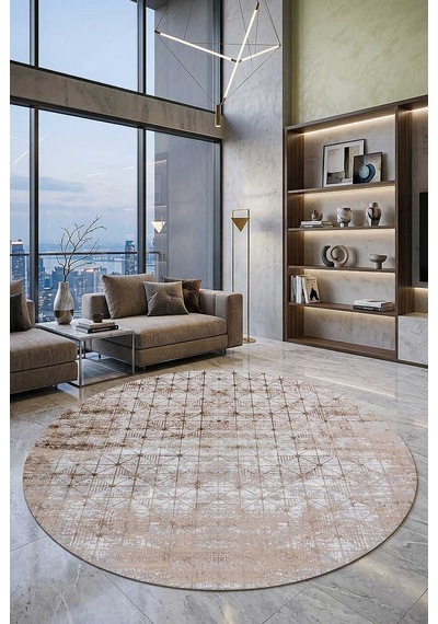 Parlak Saten Dokulu Poem Bambu Tuşe Modern Trend Yuvarlak Halı Pm06 Bej Bakır