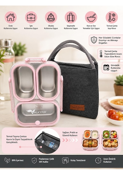 Valkyrie 304 Paslanmaz Çelik 3 Bölmeli Pembe Lunch Box Termal Çantalı Sızdırmaz Kapaklı Beslenme Kabı,