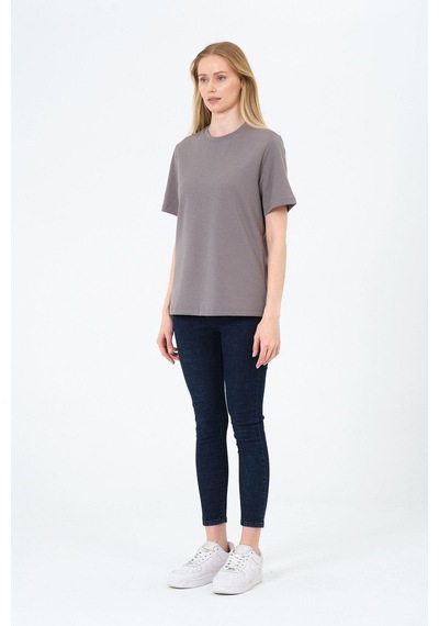 Kadın Bisiklet Yaka Kısa Kollu Basic T-shirt - İnterlok Kumaş Gri