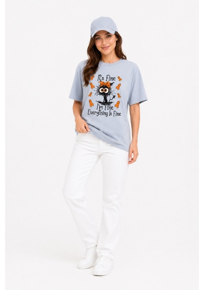 Bayloranzzo Everything İs Fine %100 Pamuk Heavy Cotton Premium Kalite Kadın Tişört Gri