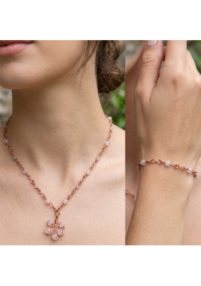 Pembe Kuvars Kolye Ve Bileklik Bakır Set Açık Pembe