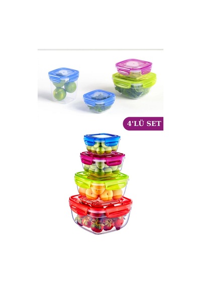 Flosoft Kilitli Kapaklı Kare Erzak Saklama Kabı 4’Lü Set 275 Ml500 Ml900 Ml1500 Ml Çok Renkli