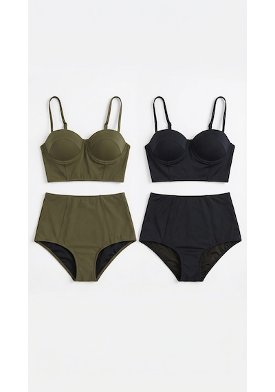 Zi 2 Renk 1 Paket Haki -siyah 2 Takım Yüksek Bel Bikini Takımı Yeşil - Siyah