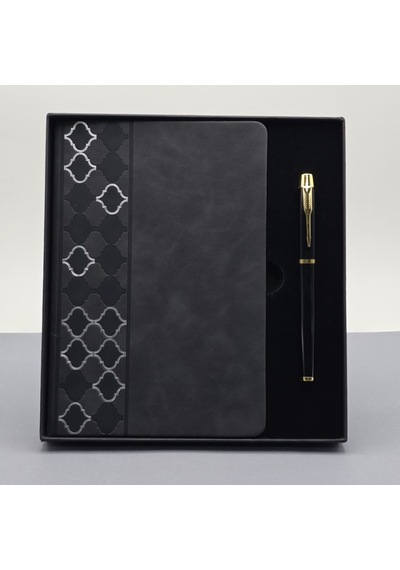 Mobgift Yan Tarafı Mozaik Desenli Deri Defter Kalem Tasarım Kutulu Hediye Seti Siyah