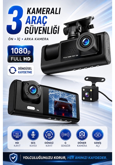 C309 Tipi 3 Kameralı Lcd Ekran Araç Kamerası Hareket Sensörlü Gece Görüşlü G Sensörlü