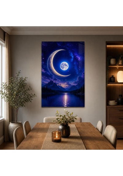 Ay Ve Galaksi Desenli Baskılı Cam Tablo Uv Baskı Dekoratif Duvar Tablosu