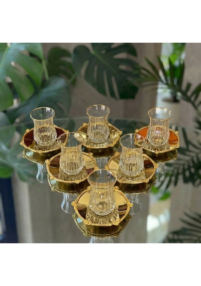 12 Parça 6 Kişilik Kristal Kesim Çay Takımı Cam Çay Bardağı Ve Tabak Seti Eco Gold