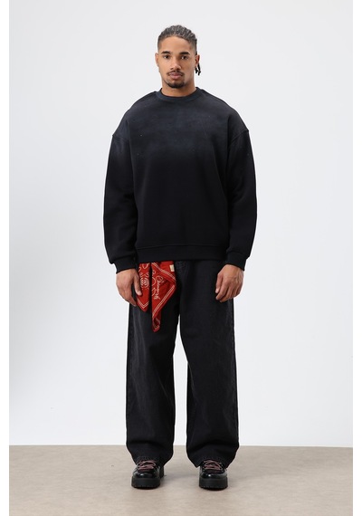 Vamos Yıkamalı Taş Detaylı Oversize Sweatshirt Siyah