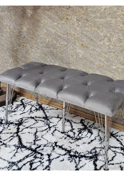 Zafir Metal Krom Tel Ayaklı 100 Cm Puf Bench - Puf - Bench - Oturak - Mutfak Oturağı - Antre Oturağı Gri