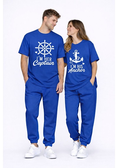 Sevgili Kombini Oversize Çift Tişört Unisex Captain Anchor Baskıl Lacivert