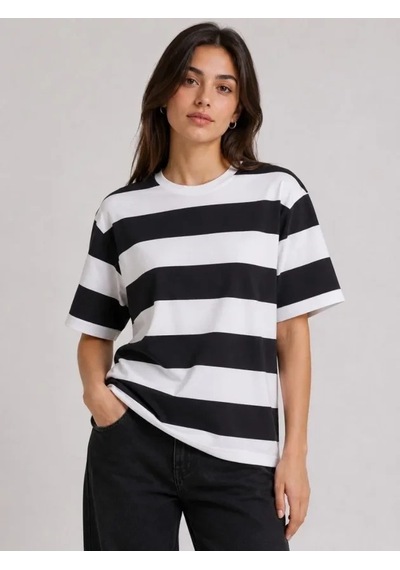 Defymoda Çizgili Oversize Tişört Bisiklet Yaka Kısa Kol Yazlık T-shirt - Siyah