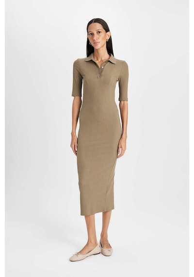 DeFacto Bodycon Vücuda Oturan Düğmeli Polo Yaka Fitilli Kaşkorse Yarım Kollu Midi Elbise C2882AX24AUKH459 DeFacto Bodycon Vücuda Oturan Düğmeli Polo Yaka Fitilli Kaşkorse Yarım Kollu Midi Elbise C2882AX24AUKH459