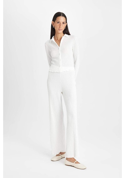 Defacto Regular Fit Beli Lastikli Basic Düz Bürümcük Pantolon D4415AX24AUER105 Ekru
