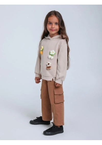 Kız Çocuk Çiçek Örgü Detaylı Kapüşonlu Sweatshirt-14306 Bej