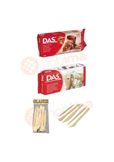 Das Beyaz+kahve Seramik Kili 500 Gr+glance Modelaj Kalemi Ebeşuar 5 Li Ahşap Set