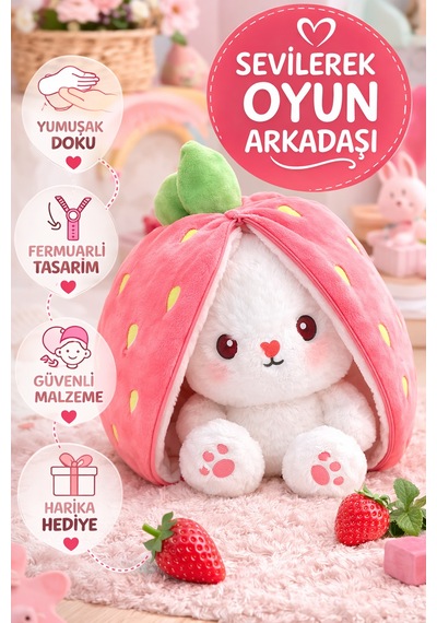 Pembe Çilek Tavşan Peluş Oyuncak 35 Cm Dönüşebilen Çilek Tavşan Yumuşak Peluş Çocuk Hediyesi Diğer