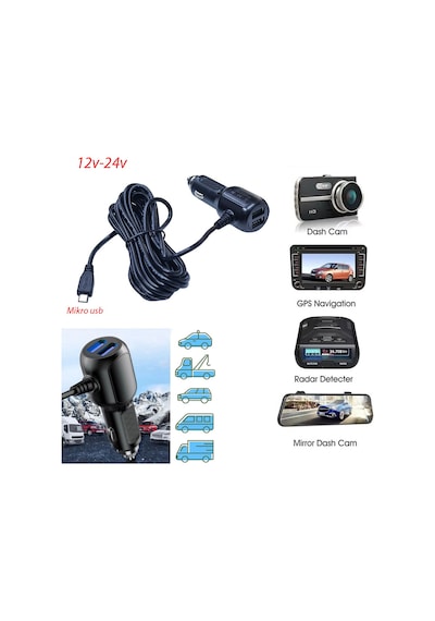 Mikro Usb Navigasyon Kamera İçin Araç Şarj Adaptörü 5v 3.5a 2port Usb