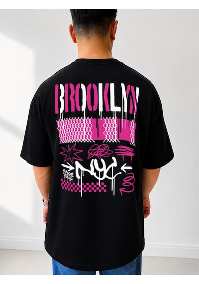 525 Oversize Sırt Baskılı Streetwear Unisex T-shirt Brooklyn Siyah