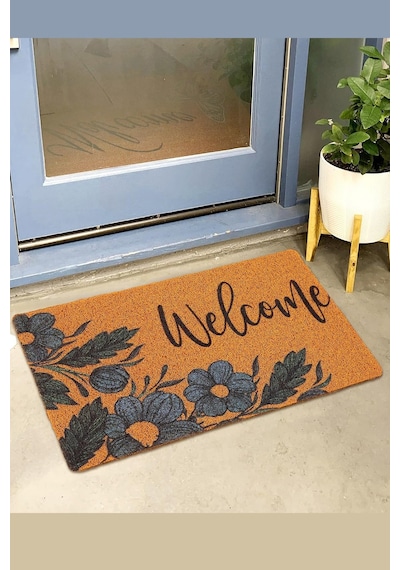 Valerine Life Lacivert Papatya Çiçekli Welcome Hoş Geldiniz Kapı Önü Paspası 45x70cm Kahverengi