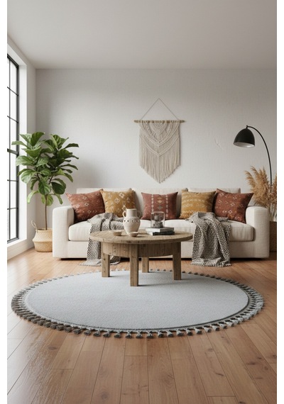 Comfort Yuvarlak Ponpon Saçaklı Peluş Halı Yatak Odası- Çocuk Odası- Antre- Yemek Odası Kaymaz Taban Gri
