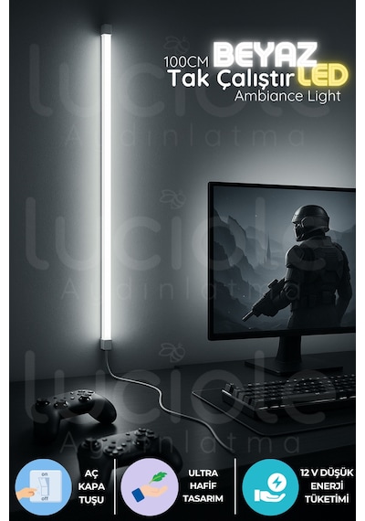 Mood Light Serisi 100 Cm Beyaz Led Bar Aç Kapa Anahtarlı Tak Çalıştır Net Aydınlatma