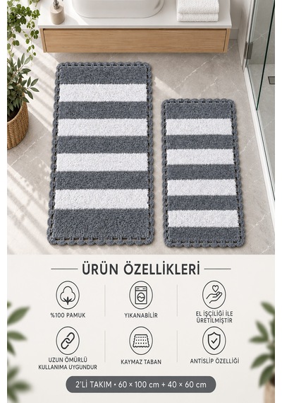 Alanur Bodrum Tufting Cotton Pamuklu El Işi Örgülü 2 Li Paspas 112 Beyaz - Gri