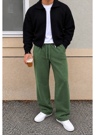 Tarz Cool Erkek Oversize Baggy Fit Eşofman Altı %100 Pamuk 3 İplik Şardonlu Bol Paça Rahat Kesim Yeşil
